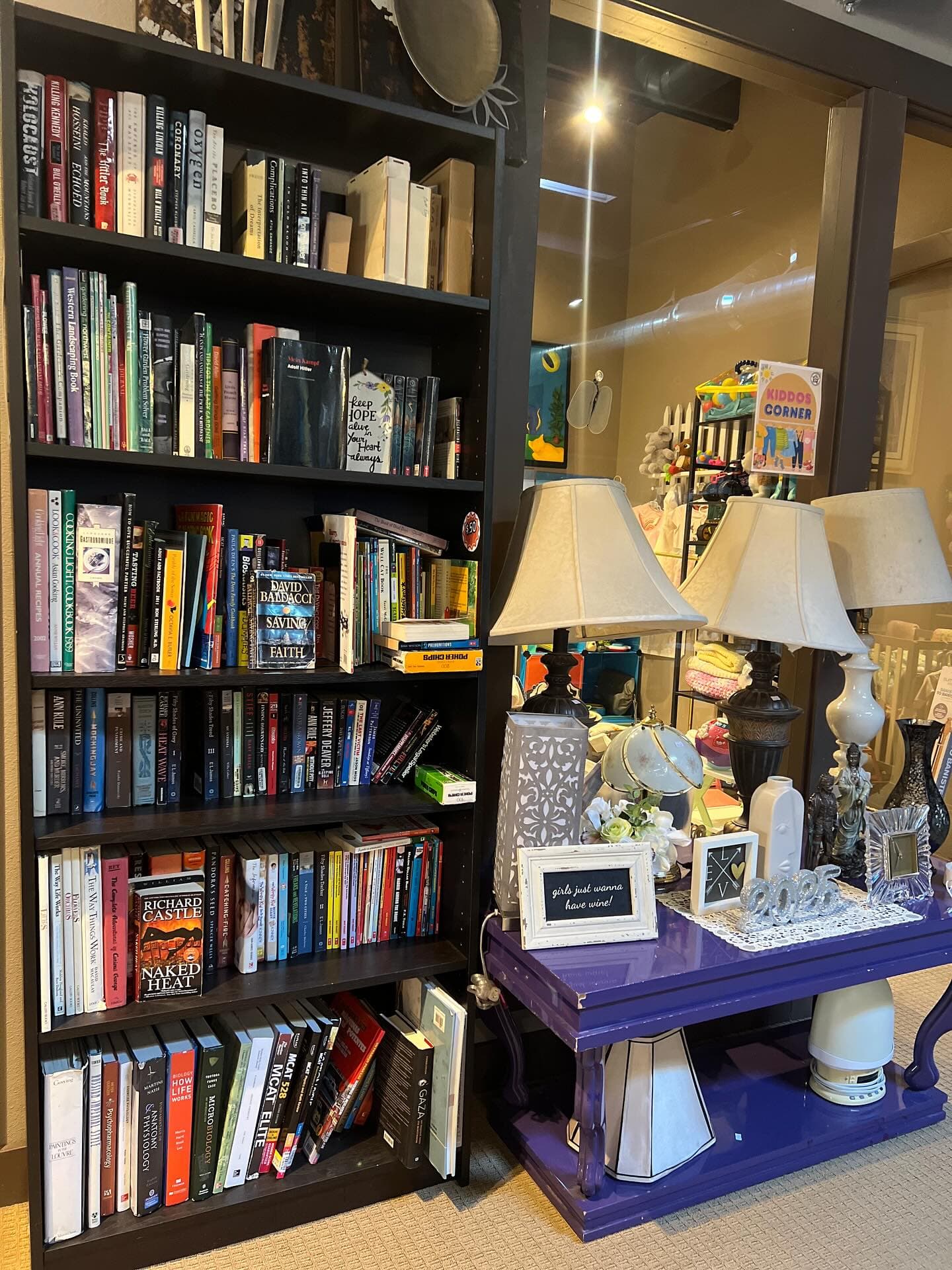 Books and a quiet table at FOUND IT! Thrift Store