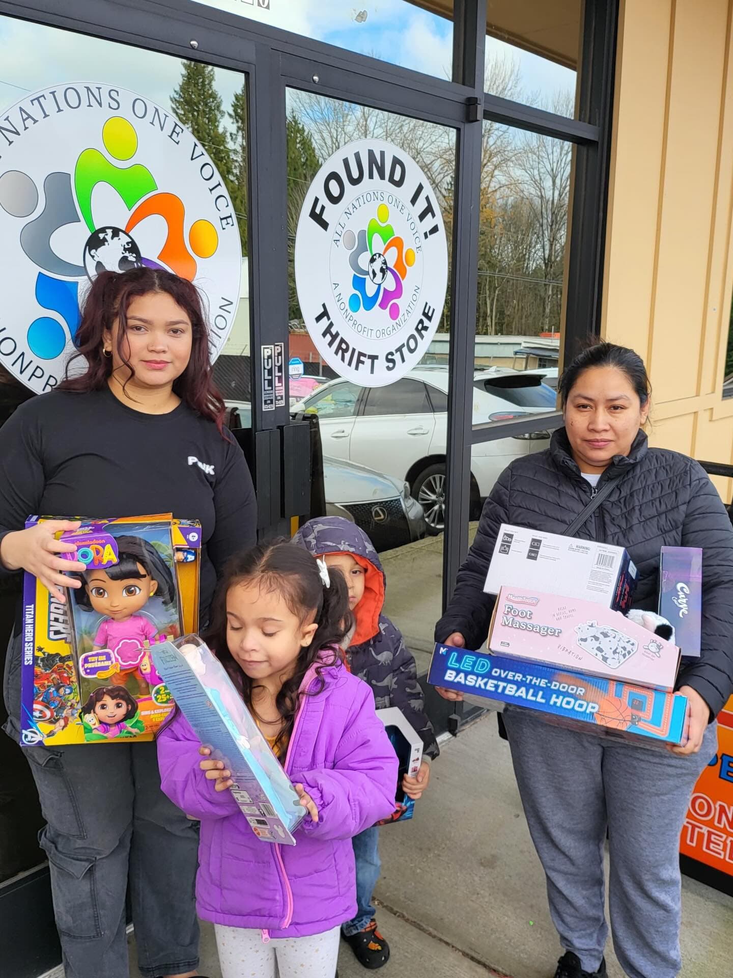 Families leaving the store with essentials